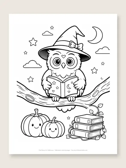 Owl library for Halloween: owl coloring page