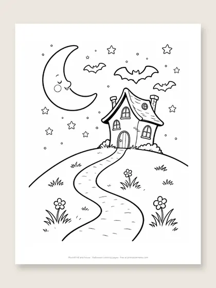 Moonlit hill and house: Halloween coloring page