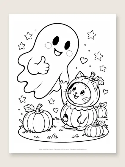 Ghost and kitten friends: Halloween coloring page
