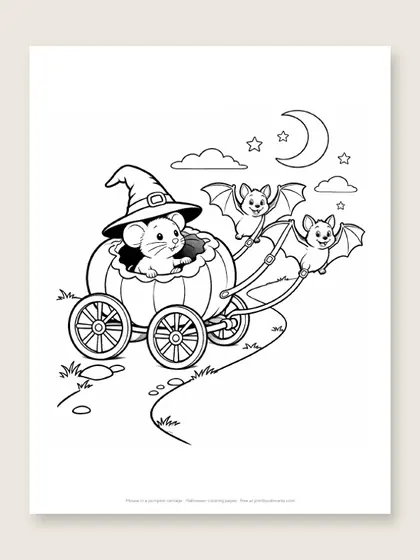Mouse in a pumpkin carriage: Halloween coloring page