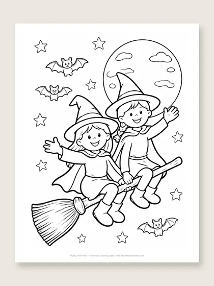 Flying witch kids: Halloween coloring page