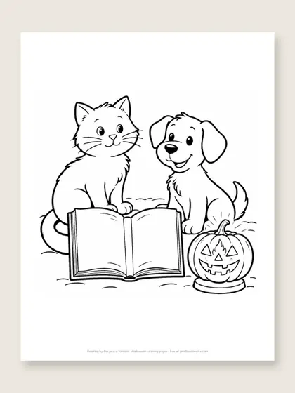 Reading by the jack-o'-lantern: Halloween coloring page