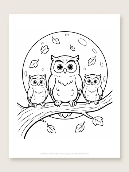 Owl family on a branch: owl coloring page