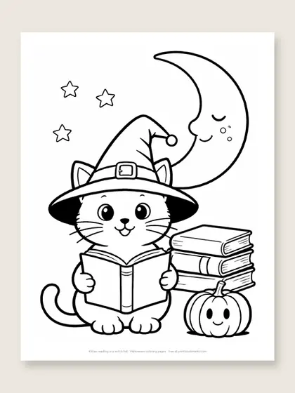 Kitten reading in a witch hat: Halloween coloring page