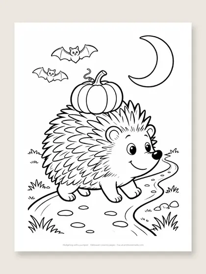 Hedgehog with a pumpkin: Halloween coloring page