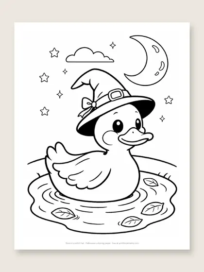 Duck in a witch hat: Halloween coloring page