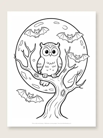 Moon, bats and treetop: Halloween coloring page