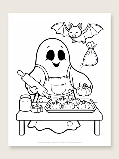 Ghost baking cookies: Halloween coloring page