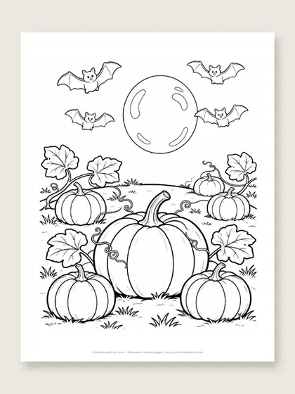 Pumpkin patch at dusk: Halloween coloring page
