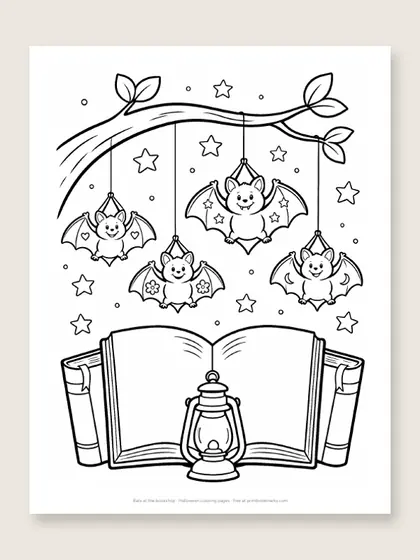 Bats at the bookshop: Halloween coloring page