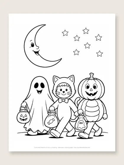 Costumed friends out trick-or-treating: Halloween coloring page