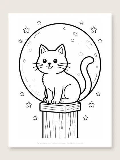 Cat watching the moon: Halloween coloring page