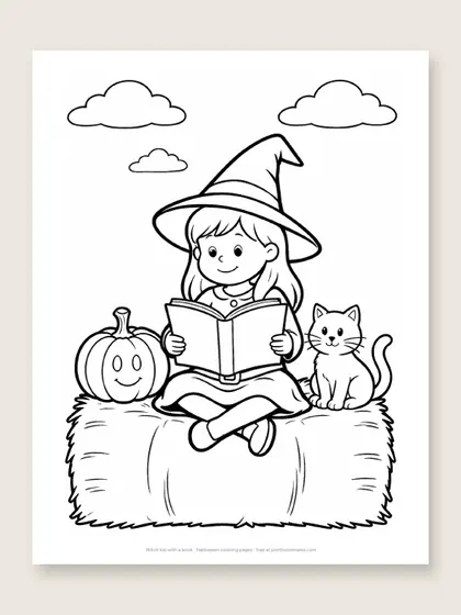 Witch kid with a book: Halloween coloring page