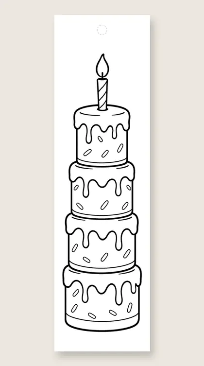Tall layered birthday cake: coloring bookmark