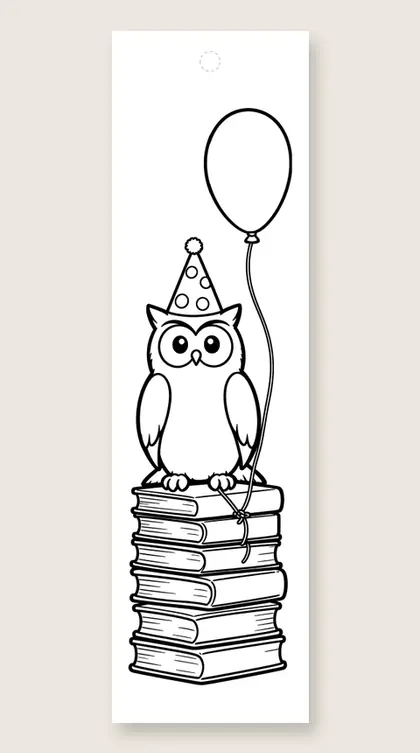Birthday owl and books: happy birthday coloring bookmark