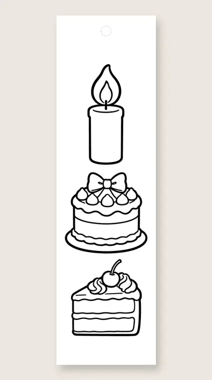 Cake and candle: happy birthday coloring bookmark