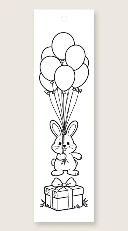 Bunny with balloons: happy birthday coloring bookmark