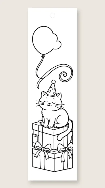 Party cat on presents: happy birthday coloring bookmark