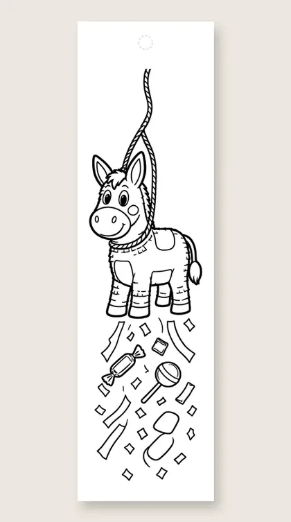 Hanging donkey piñata: happy birthday coloring bookmark