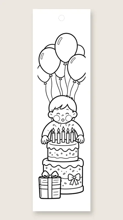 Blowing out candles: happy birthday coloring bookmark