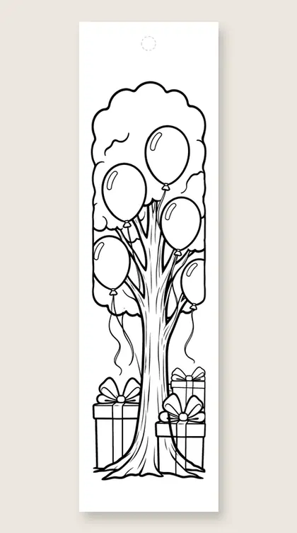 Tall party tree: happy birthday coloring bookmark