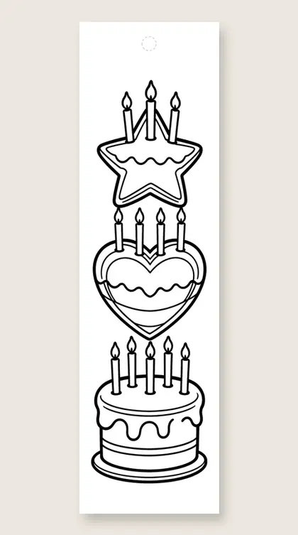Three stacked cakes: happy birthday coloring bookmark