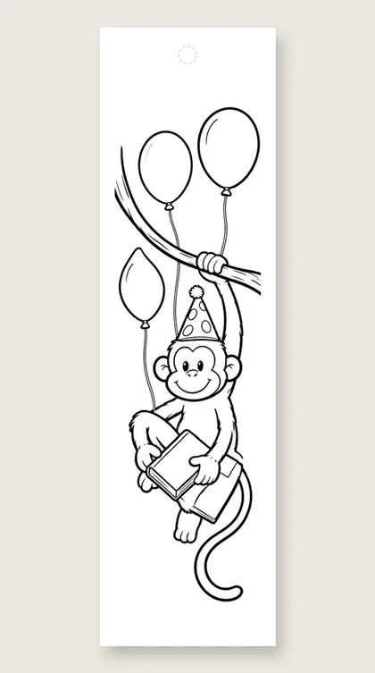Party monkey on a vine: happy birthday coloring bookmark