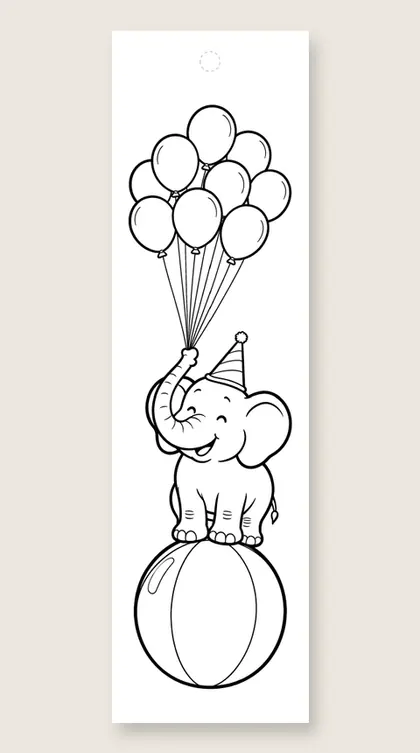 Elephant with balloons: happy birthday coloring bookmark