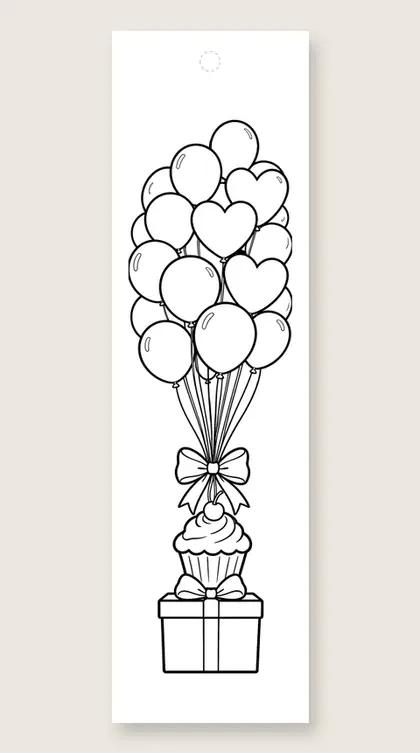 Balloons, cupcake and present: happy birthday coloring bookmark