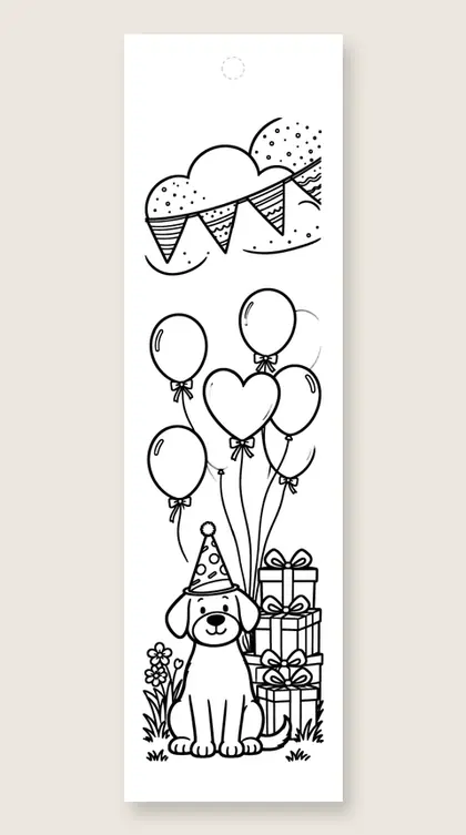 Birthday party dog: happy birthday coloring bookmark