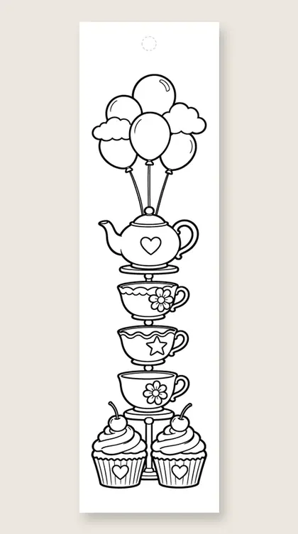 Tea party tower: happy birthday coloring bookmark