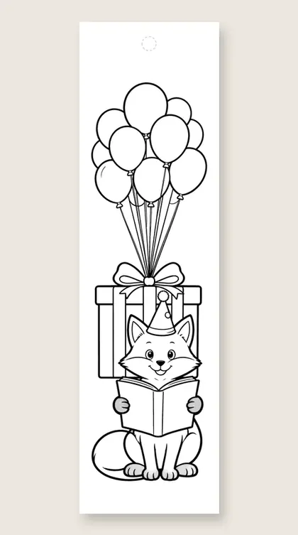 Fox with a book and balloons: happy birthday coloring bookmark