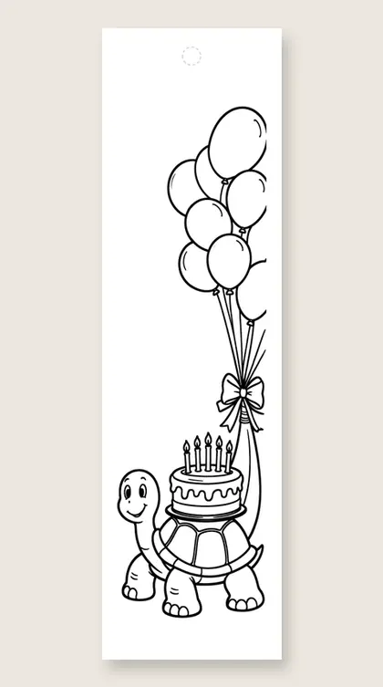 Turtle carrying a cake: happy birthday coloring bookmark