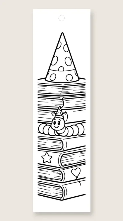 Birthday bookworm and books: happy birthday coloring bookmark