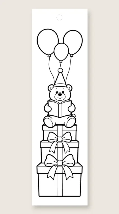 Bear reading at the party: coloring bookmark