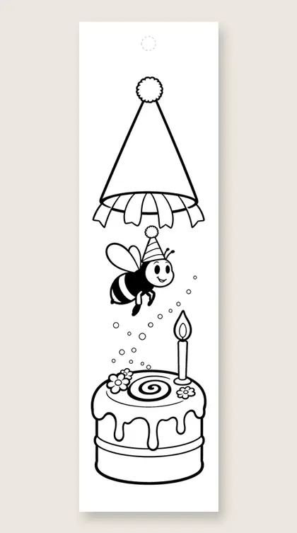 Bee at the party: happy birthday coloring bookmark