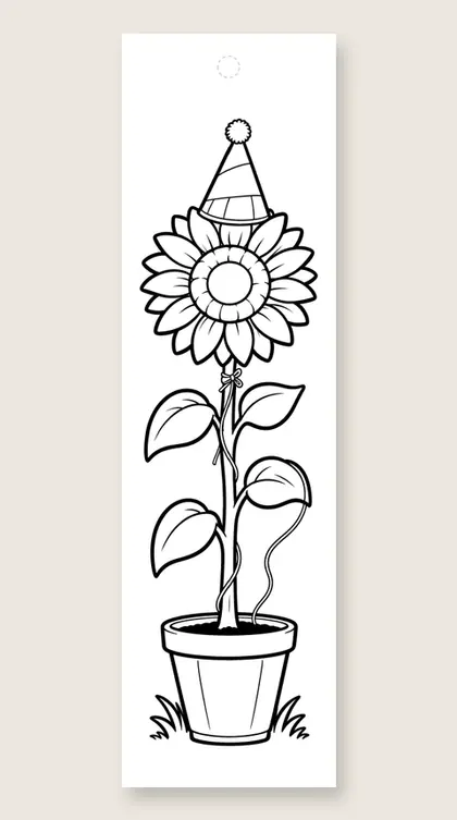 Sunflower with a party hat: happy birthday coloring bookmark