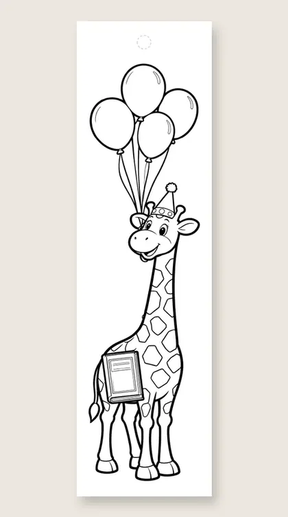 Party giraffe with balloons: coloring bookmark