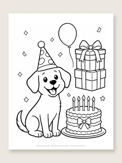 Birthday dog with cake: happy birthday coloring page
