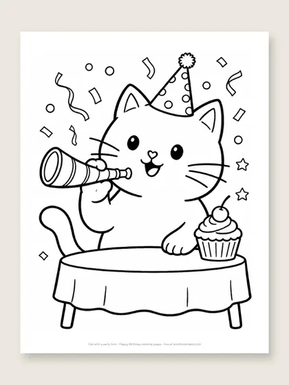 Cat with a party horn: happy birthday coloring page