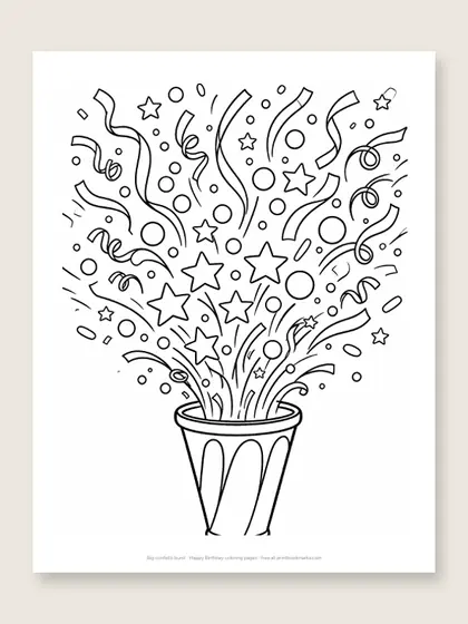 Big confetti burst: happy birthday coloring page