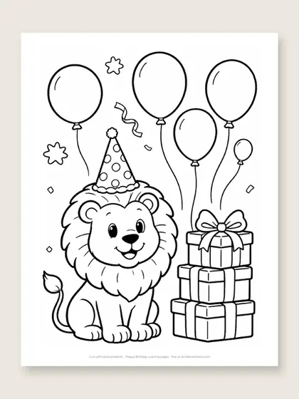 Lion with book presents: happy birthday coloring page