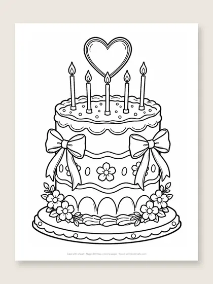 Cake with a heart: happy birthday coloring page