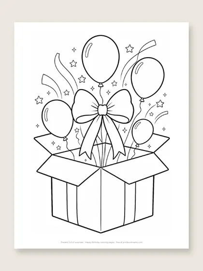 Present full of surprises: happy birthday coloring page