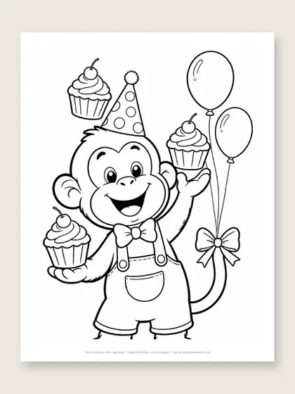 Party monkey with cupcakes: happy birthday coloring page
