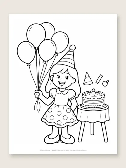 Girl with balloons: happy birthday coloring page