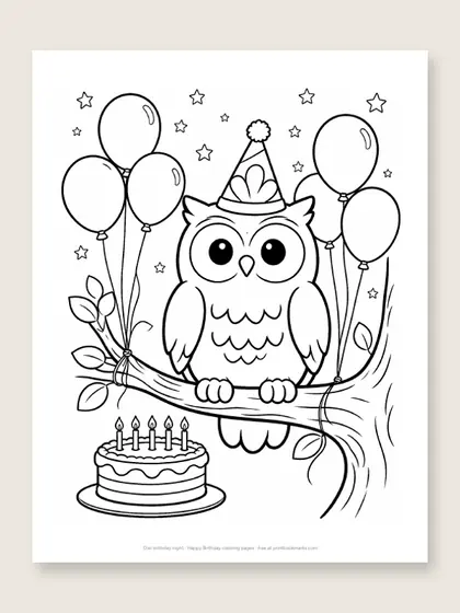 Owl birthday night: owl coloring page