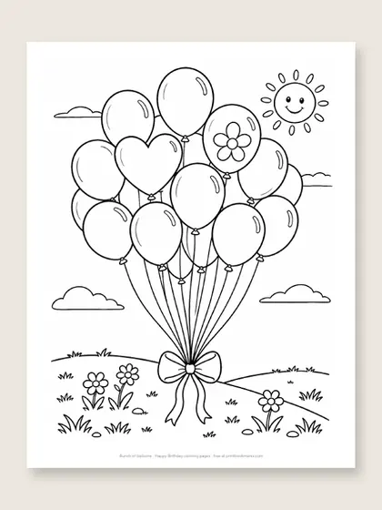 Bunch of balloons: happy birthday coloring page