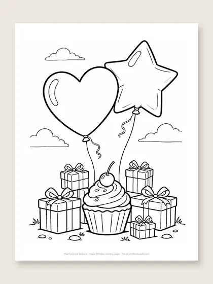 Heart and star balloons: happy birthday coloring page