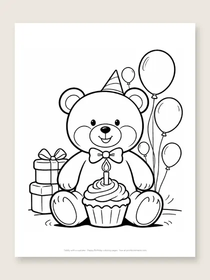 Teddy with a cupcake: bear coloring page